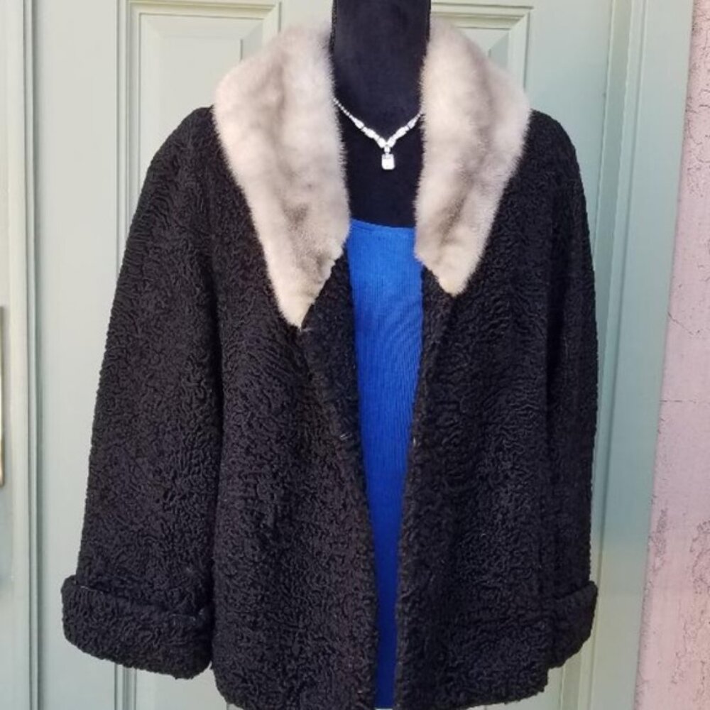 Vtg 1960's Black Broadtail Persian Lamb Fur Jacket with Grey Mink Fur Collar